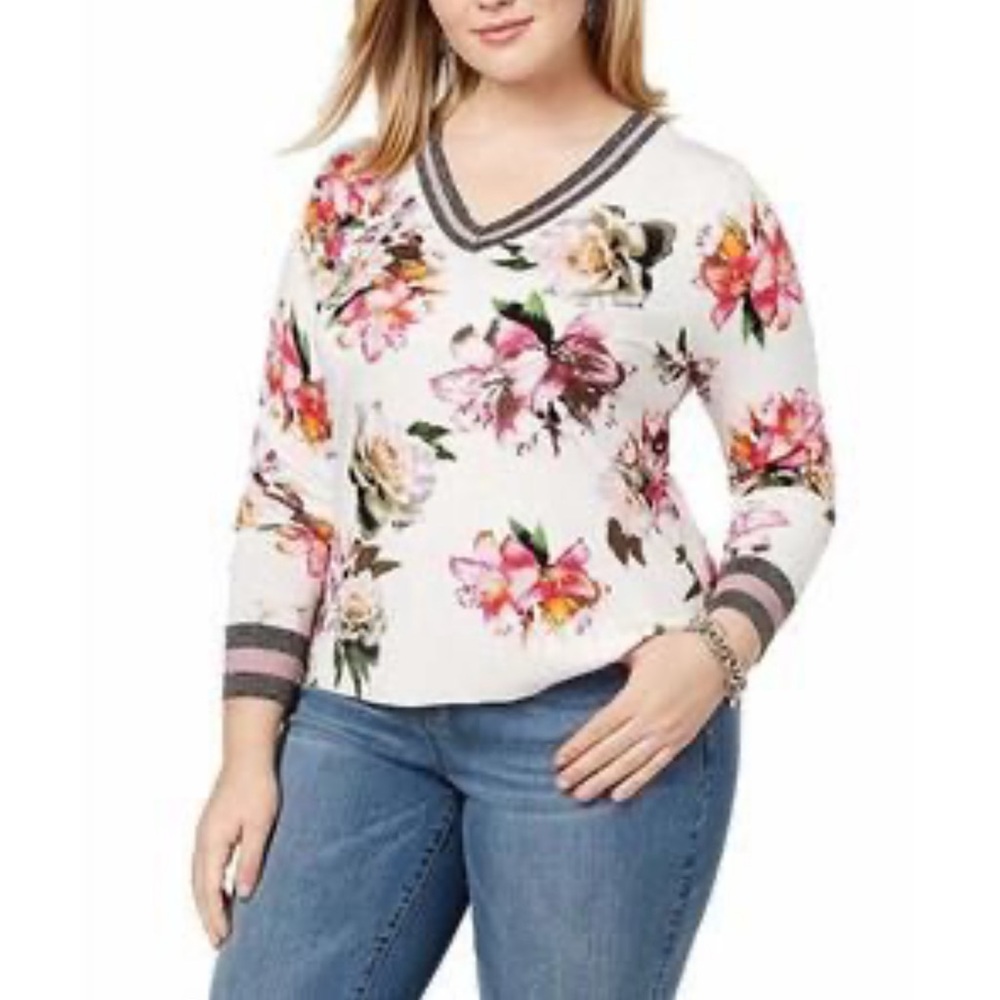 INC International Concepts Pink and Cream V-Neck Sweater, Women’s Size 1X